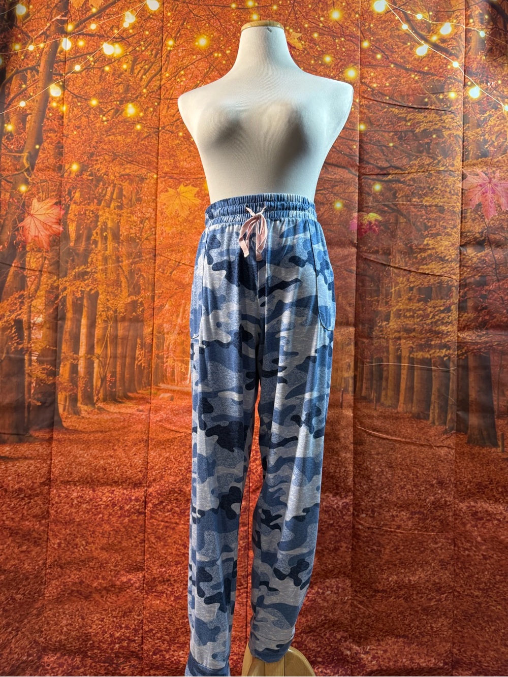 Jane and Bleecker Blue and Gray Camo Lounge Pants with Pink Drawstring